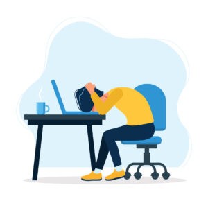 Burnout concept illustration with exhausted man office worker sitting at the table. Frustrated worker, mental health problems. Vector illustration in flat style