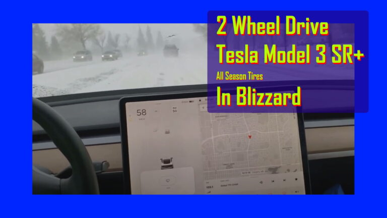 Tesla Model 3 SR plus in blizzard 2 wheel drive one motor all season tires