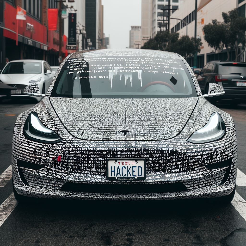 telsa model 3 covered in broken computer code full